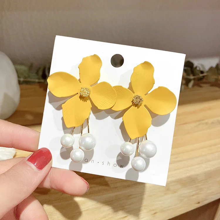 

fashion trendy jewelry yellow drop pearl flower earrings