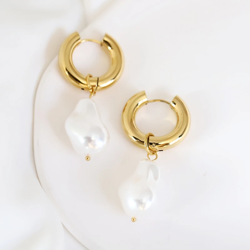 

High End Wholesale 18k Gold Plated Stainless Steel Jewelry Big Baroque Shell Pearl Ear-rings Drop Huggies Hoop Earrings, As picture