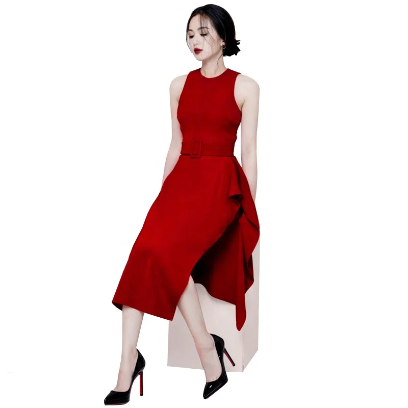 

2020 Spring Ruffle Womens One Piece Belted Dress Female Party Ladies Fashion Wear Midi Dress, Customized color