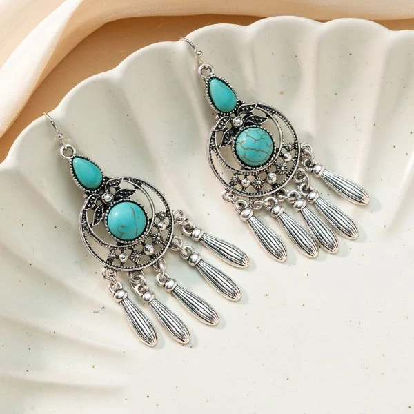 

Wholesale Fashion Women Jewelry Earrings Blue Turquoise Ancient Silver Tassel Earrings