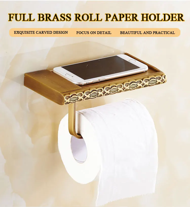 Wall Mounted Toilet Mobile Phone Rack Antique Brass Bathroom Roll Paper Holder with Shelf