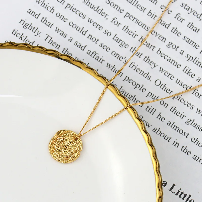 

925 Sterling Silver Embossed Coin Pendant Necklace Simple 18k Gold Necklace Women Jewelry, Gold color