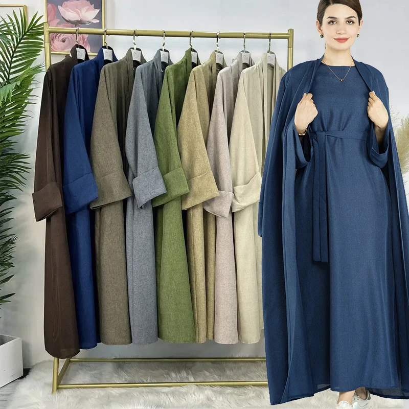 

women modest abaya muslim dress for ladies Fashion New EID Islamic Clothing Linen Closed Dress and Open Abaya 2PCS Abaya Set