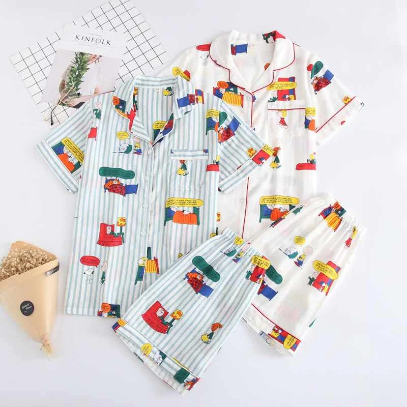 

New ladies 100% cotton short-sleeved ladies sleepwear suit shorts cute cartoon printing Japanese style simple sleepwear home ser, Required