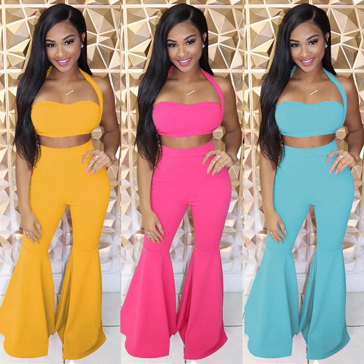 Fashion Solid Halter Cropped Top Flare Bodycon Two Piece Women Set