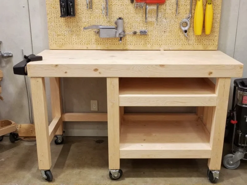 DIY shop workbench with tool storage and vise