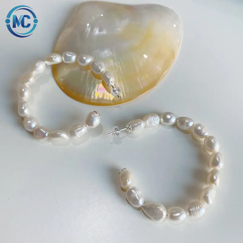 

2021 Baroque Irregular Freshwater Pearl Earrings Exaggerated Fashion 925 Sterling Silver Large Hoop Earrings, As the picture