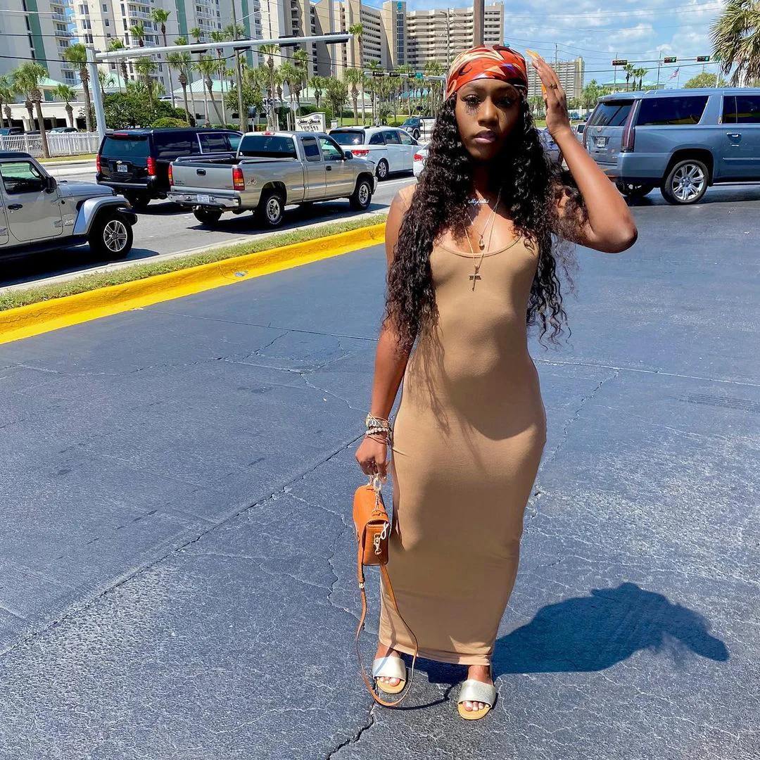 

Spring new solid color sling halter sleeveless high waist women long loose casual dresses