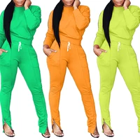 

2019 Women 2 Piece Set Round Neck Long sleeve Tops Long Pants Solid Color Sweat Suits
