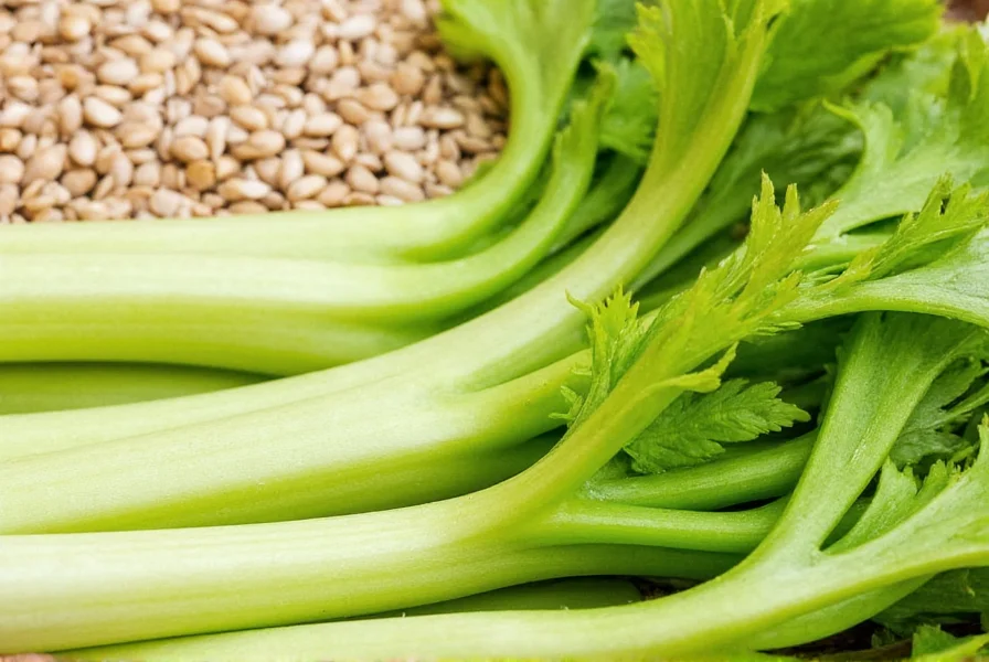 Close-up comparison of fresh celery stalks next to celery seeds showing visual differences in texture and color