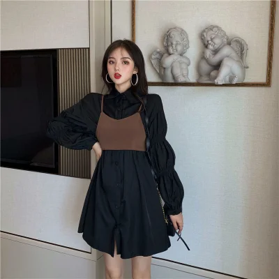 

Plus size 2020 fall dresses for women new Hong Kong flavor high waist loose puff sleeve shirt skirt small sling dress women