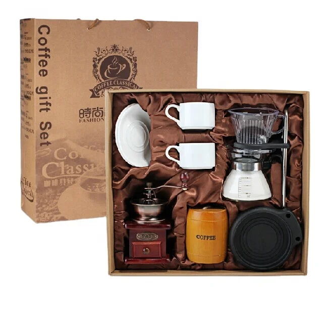 

Ecocoffee Coffee gift set Bean Grinder V60 dripper set white coffee mugs including a wooden storage tank tea accessories sim, Brown