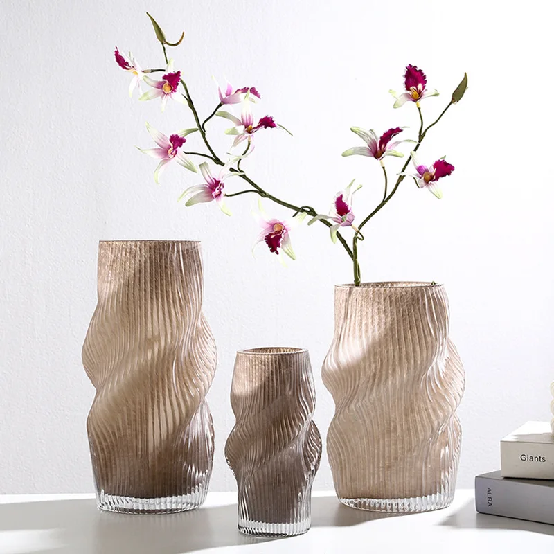 Warm Gray Glass Spiral Irregular Button Pattern Hydroponic Glass Vase Modern Crystal Decoration Flower Ornaments Glass Vase