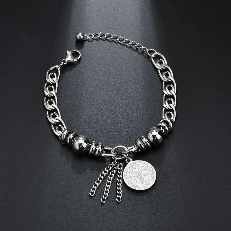 

Women Vintage Silver Plated Stainless Steel Chains Hips Hops Bracelet Adjustable Jesus Coin Tassel Chain Bracelet, Picture
