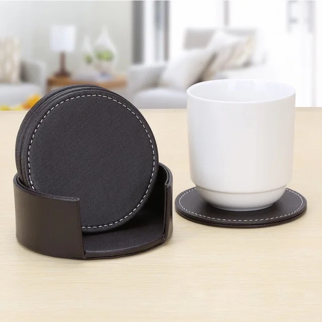 

set of 6 PU leather placemats for dining table cup wood coaster drink for home decor kitchen coaster