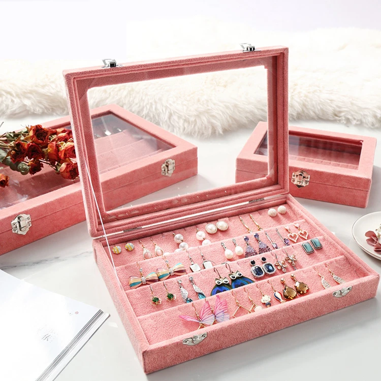 

Customized Velvet Covered Foldable Organizer Jewelry Window Box Clear Top Terrarium Glass Jewelry Box, Pink