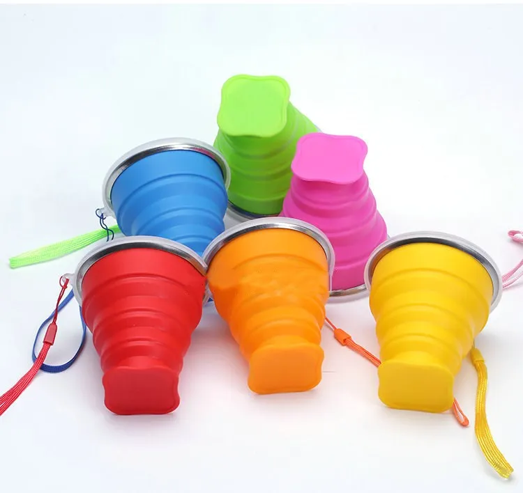 

wholesale Portable Reusable Foldable water bottle silicone folding coffee cup with lids, Red/orange/yellow/blue/green/pink