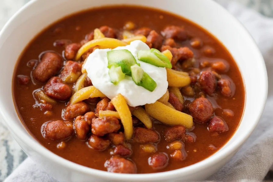 Crock pot with lid open showing rich chili inside