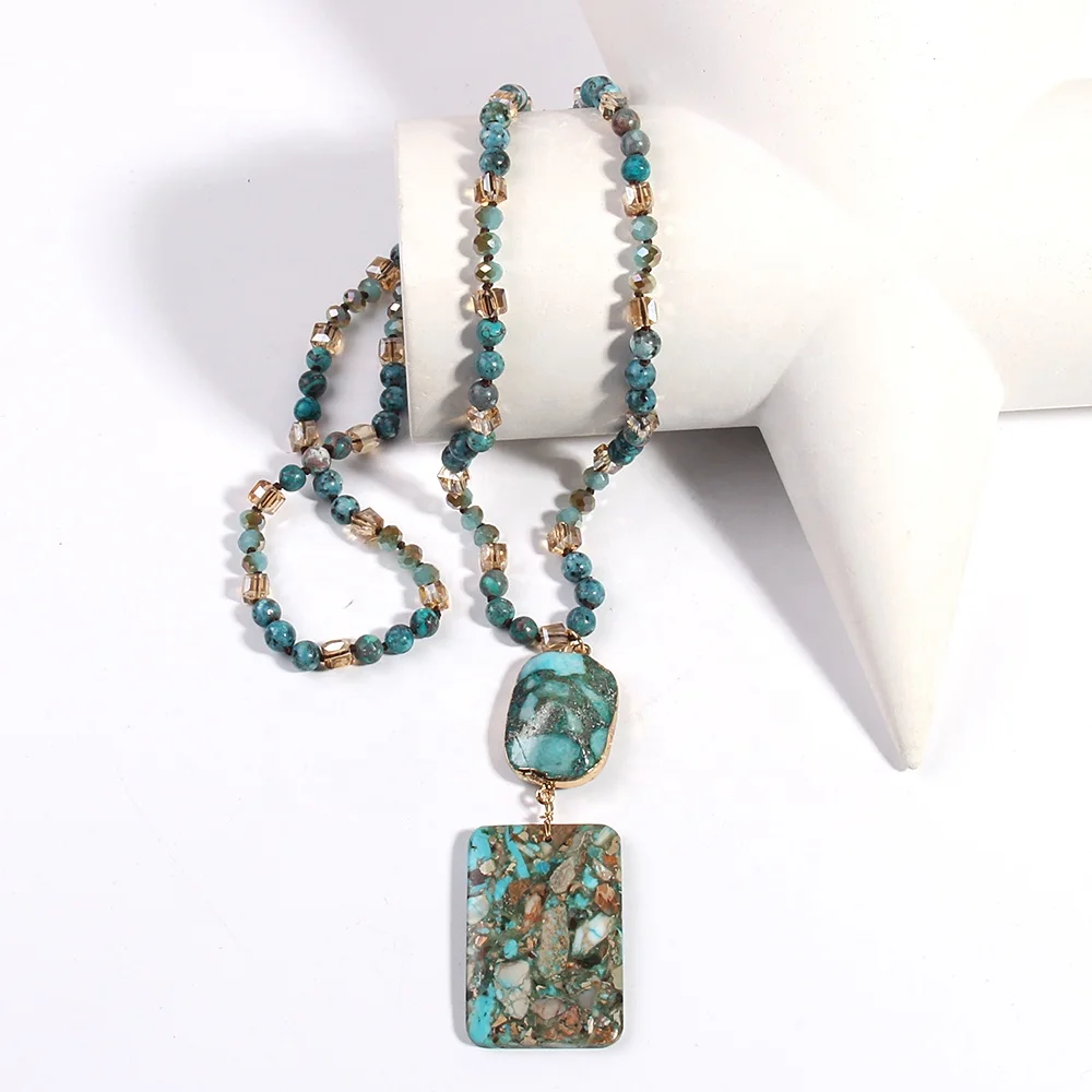 

Fashion Bohemian Jewelry Natural Stones Crystal Stone Knotted Stone Boho Multi Pendant Necklace Women Gift
