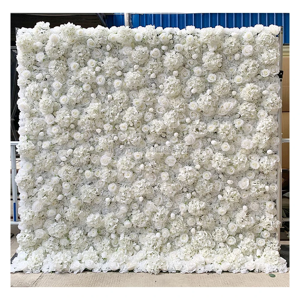 

L06 Wedding Flower Walls Panel Decor 5D Roll Up 8*8ft Fabric Cloth Base Ivory White Artificial Silk Rose Flower Wall Backdrop