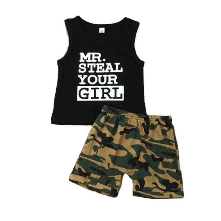 

713 Baby Boys Clothes Summer Casual Letter Print Sleeveless Vest Tops+Camouflage Shorts Toddlers Tracksuits Kids Outifs Clothing, As photos