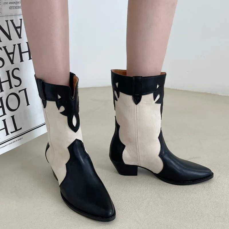 

New collection British style square heel pointe toe women shoes pull on patchwork comfy lady ankle boots for fall winter