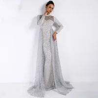 

Retro high collar long sleeve geometric floor lady sparkling elegant turtle neck silver wedding party evening dress FM-FT9343