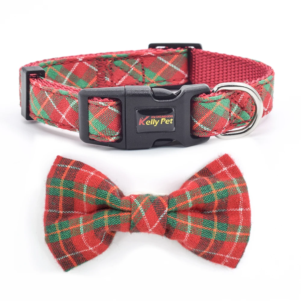 

Adjustable cute plaid bow tie dog collars 100% cotton plaid ribbon pet collar check cotton fabric nylon dog collar with bow tie, Any pantone color