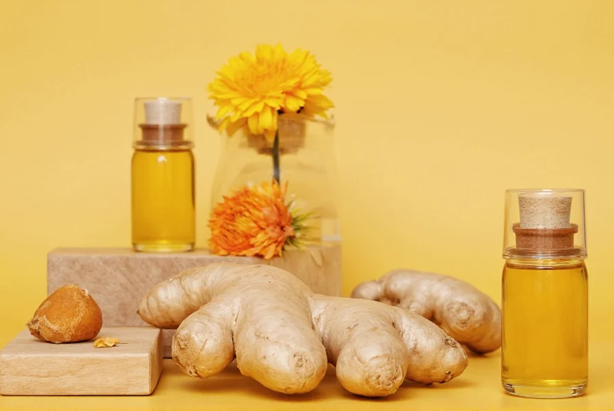 Close-up view of ginger essential oil dropper showing golden-yellow liquid against white background with fresh ginger root
