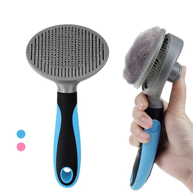 

Pet Grooming Brush Self Cleaning Automatically Dog Cat Slicker Brush Remove Dog Hairs Pet Comb, Blue + pink