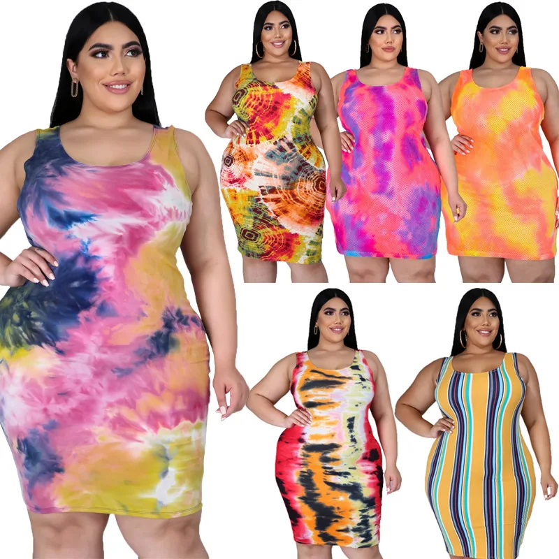 

2021 Fashion tank dress tie-dye printed suspender skirt round neck plus size women dress 3xl 4xl 5xl, As picture