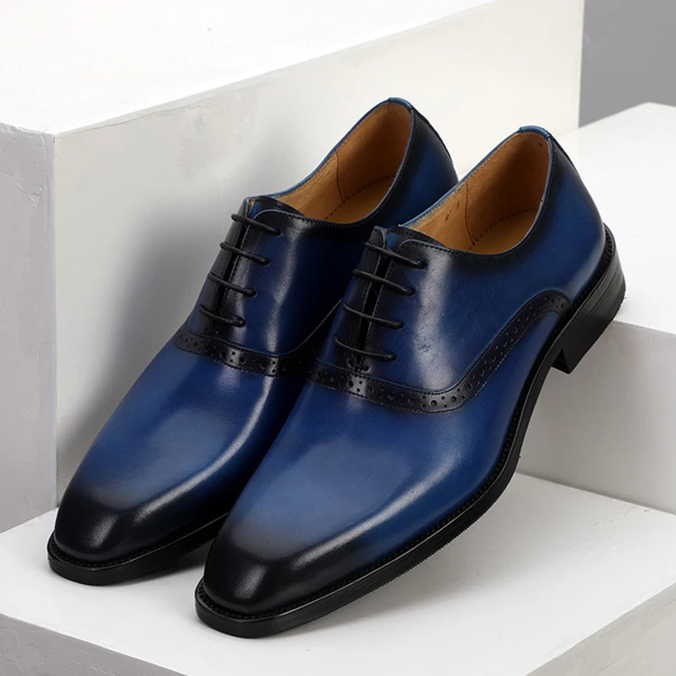 

Luxury Brand men Leather Dress Shoes ,2019 Formal Shoes blue color Men Fashion new Design Wedding Shoes For Men, Blue/black
