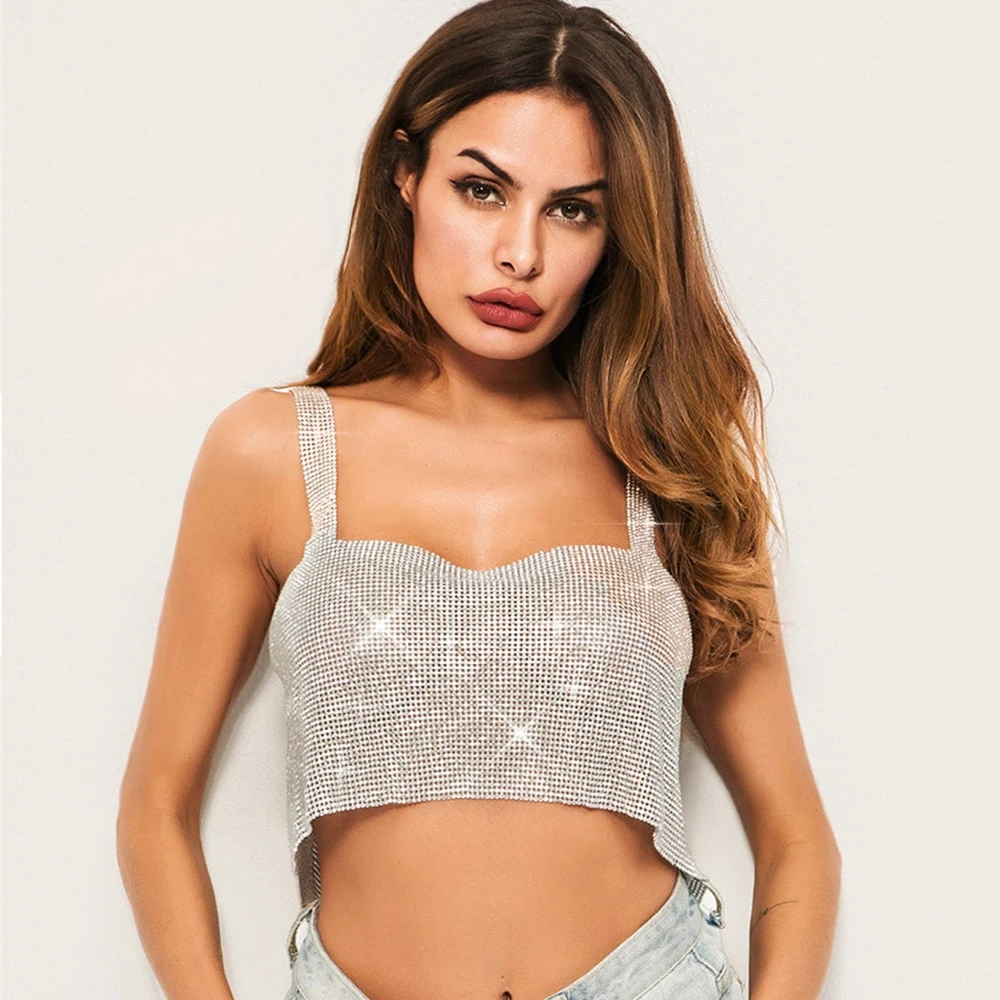 

2021 Summer Beach Crystal Sexy Rhinestone Gold Silver Party Club Women Camisole Sexy Tank Top Designs Crop Tops Camisole