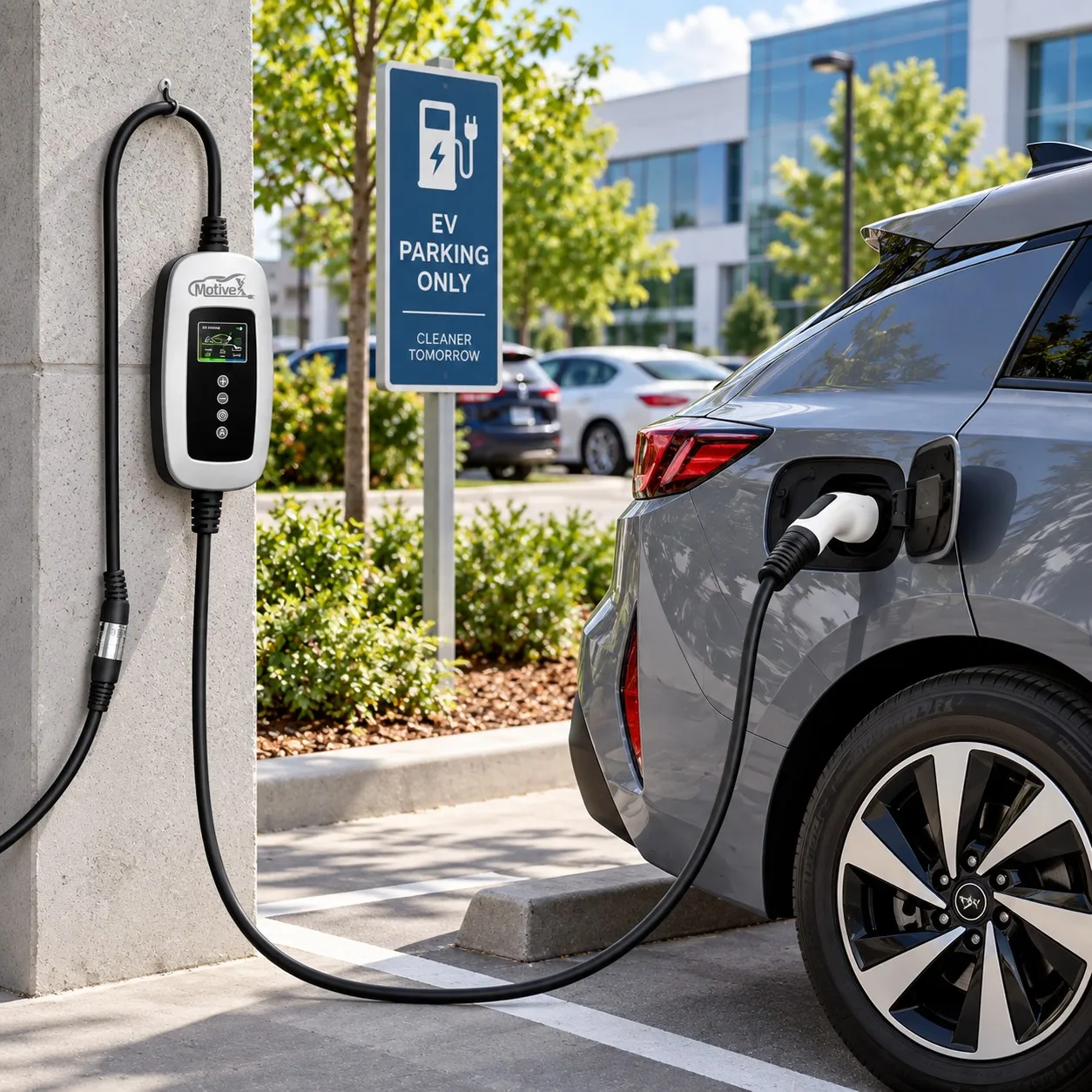 MotiveX charger mounted on a wall beside a designated EV parking bay outside an office building, charging a grey SUV