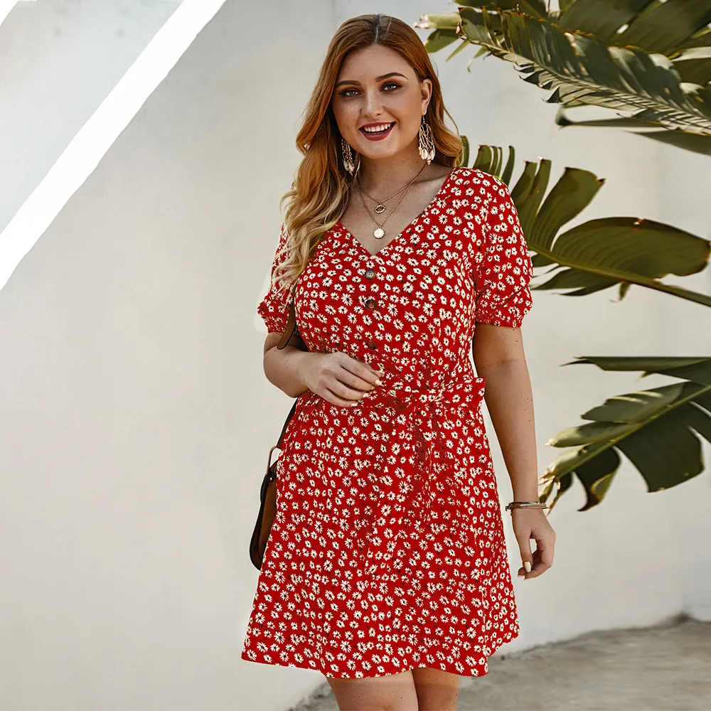 

2021 new fashion party floral V neck kaftan A line casual dress shein loose plus size women dress