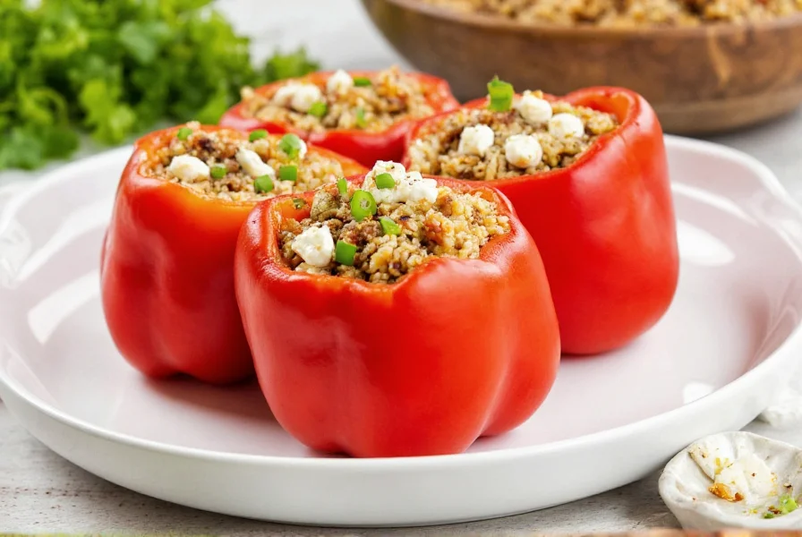 Mediterranean stuffed red peppers with quinoa and feta cheese on white plate