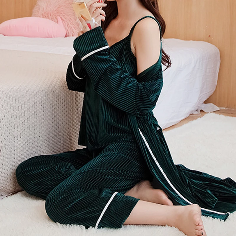 Women Pajamas sleepwear Velvet 3 Pieces pajamas for women Warm Winter Pajamas Sets Sexy Robe Pajama Set Women pijama