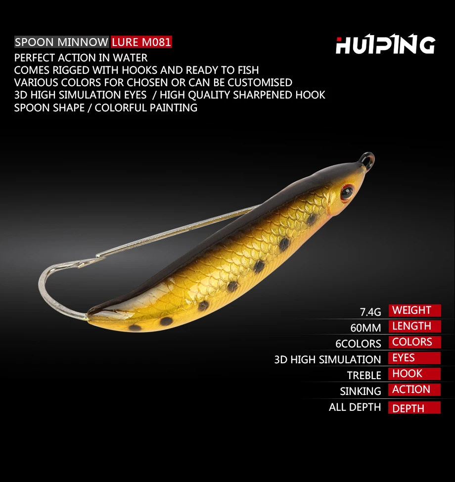 

Fishing Lures Wholesale 7.4g 60mm Spoon Lure Sinking Minnow Lures Hard Bait Sea Bass Fishing Wobbler M081, 6 colors
