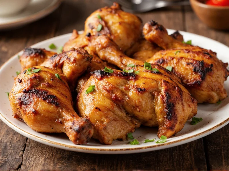 Grilled marinated chicken with charred edges on platter