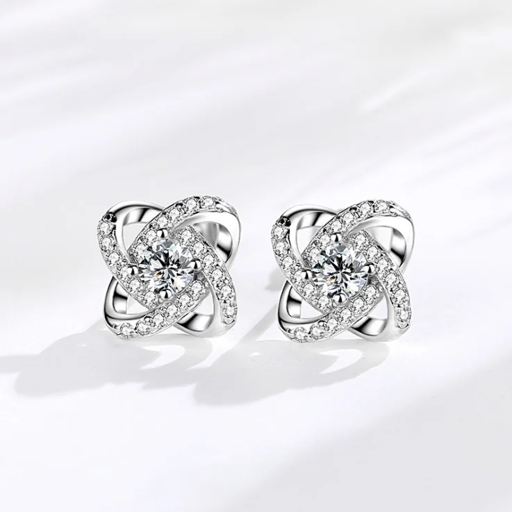 

S925 Sterling Silver Four Leaf Clover Dainty Korean Earrings Jewelry Full Diamond Wedding Stud Earrings