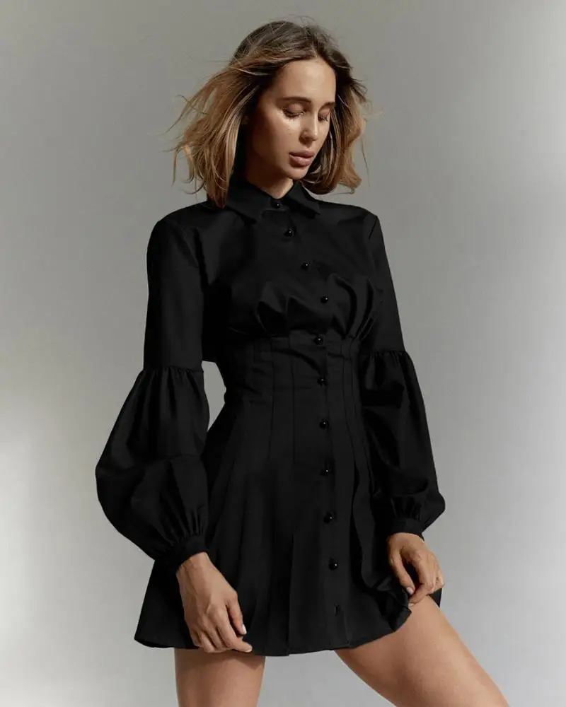 

Lantern Sleeve Black Tunic Shirt Dress Women Long Sleeve Pleated A Line Dress Elegant Fashion Female Mini Party Dresses