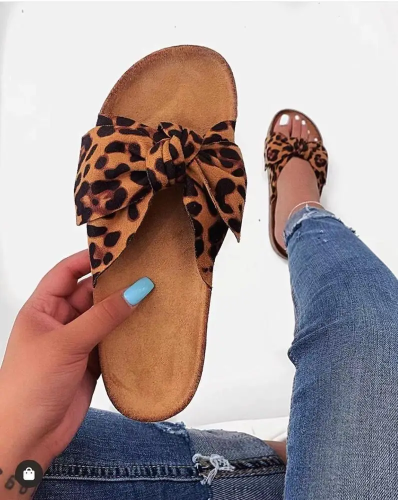 

2020 Factory Summer Beach Women's Flat Bow Knot Slippers Popular leopard Print Sandals Slide Slippers For Women Flat Shoes