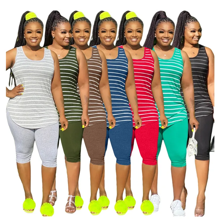 

XMY-9244 Plus Size Women'S Fashion Striped Vest Five-Point Pants Two-Piece Suit