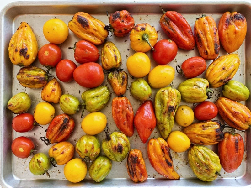 Roasted tomatillos and peppers on baking sheet
