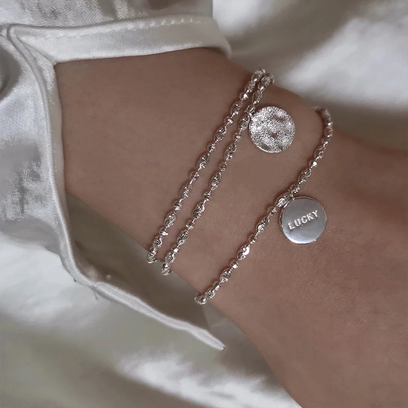 

ENSHIR 2021 New Shiny Bead Chain Frosted Luck Pendant Bracelet Round Coin Bracelet Wholesale, As picture
