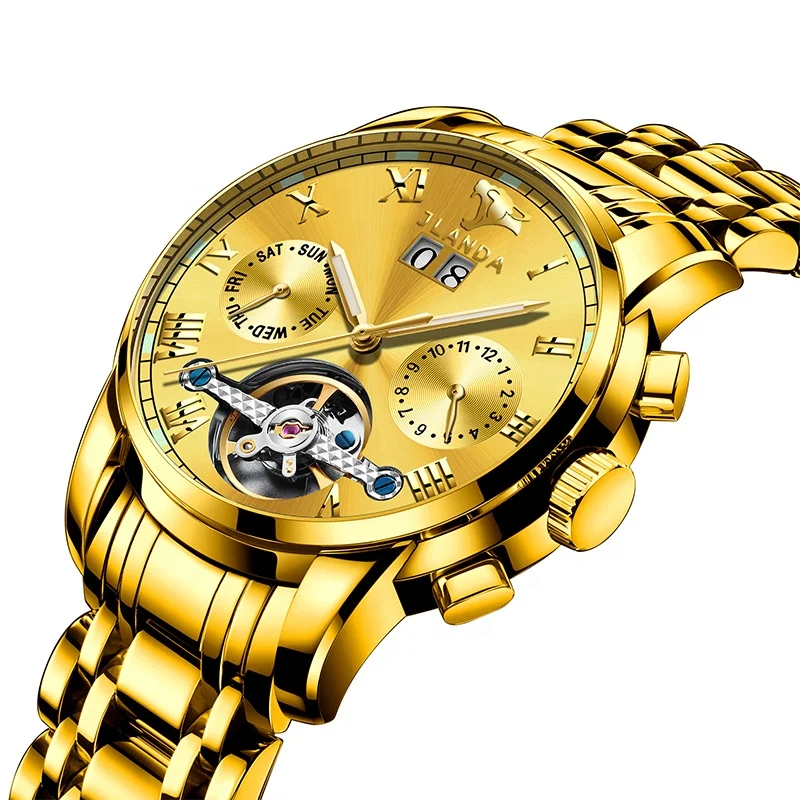 

Top Quality Luxury Gold Plated Wrist Watch Chronograph Mechanical Skeleton Automatic Watches Men Wrist