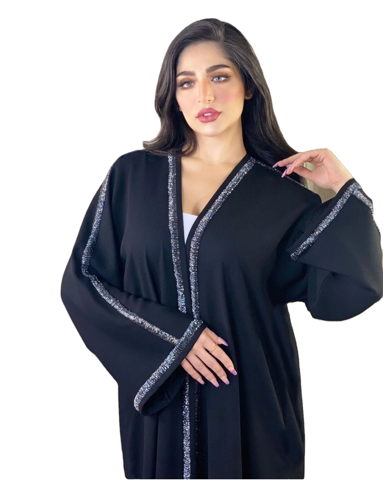 

GH- AB039 Middle Eastern Hijab Hand-Beaded Premium Solid Black Dubai Muslim Front Open Kimono Abaya