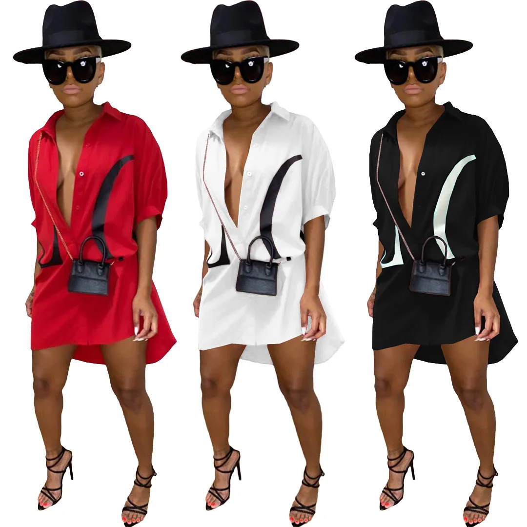 

B14533A 2020 Fall New fashion women sexy 3 colors stand collar loose shirt dress, Shown