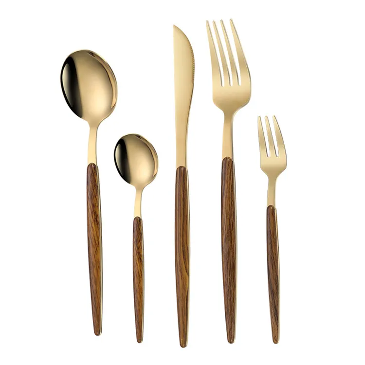 

High end luxury design stainless steel flatware set includes knife fork spoon 5pcs cutlery set with wooden handle, Sliver/gold