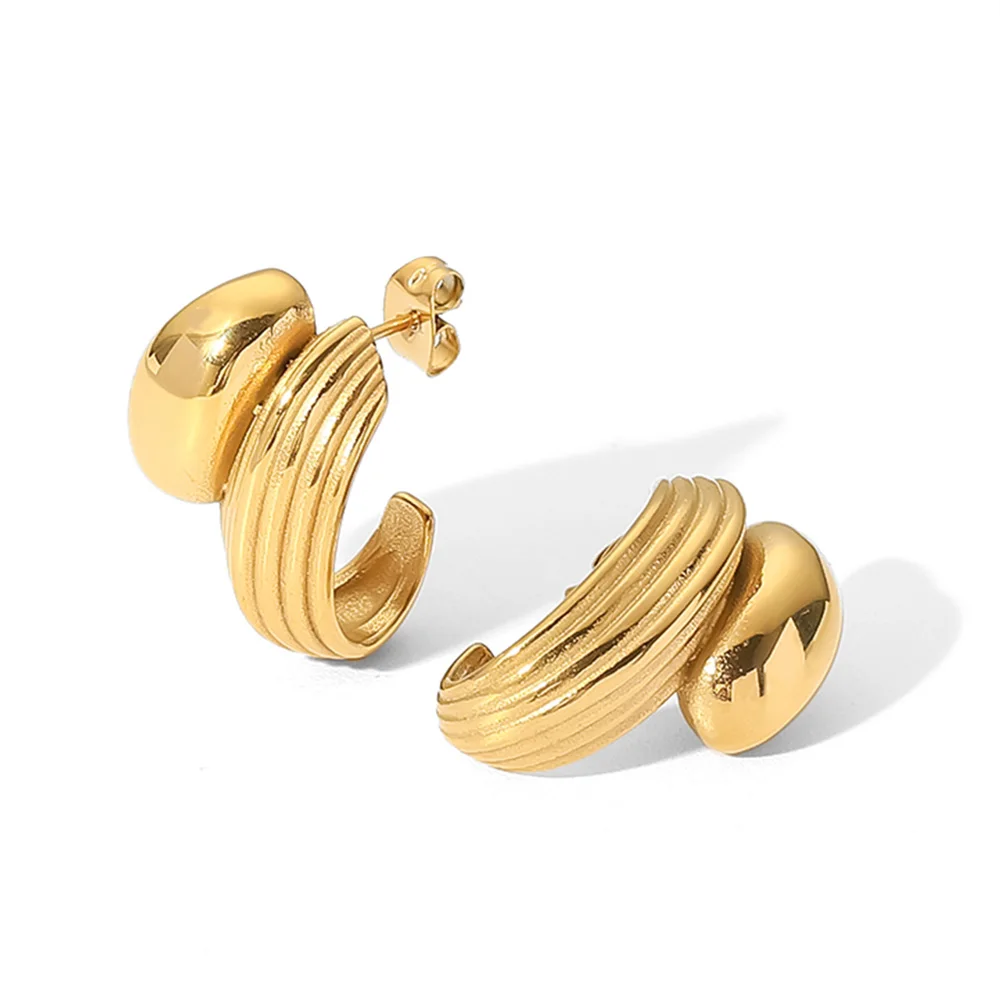 

New Arrival 18K Gold Plated Texture CC Hoop Earring Stainless Steel Ribbed Splicing Hoop Earring